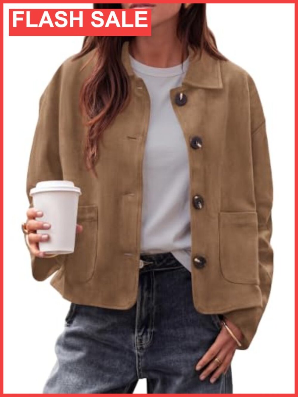 Faux Suede Cropped Button Front Casual Jacket for Women Trendy